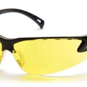 Yellow-tinted safety glasses with black frame
