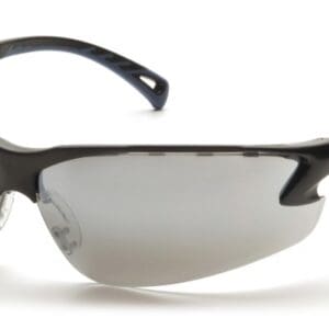 Black wraparound safety sunglasses with gray lenses