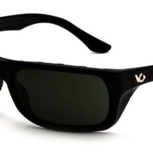 Black wraparound sunglasses with logo