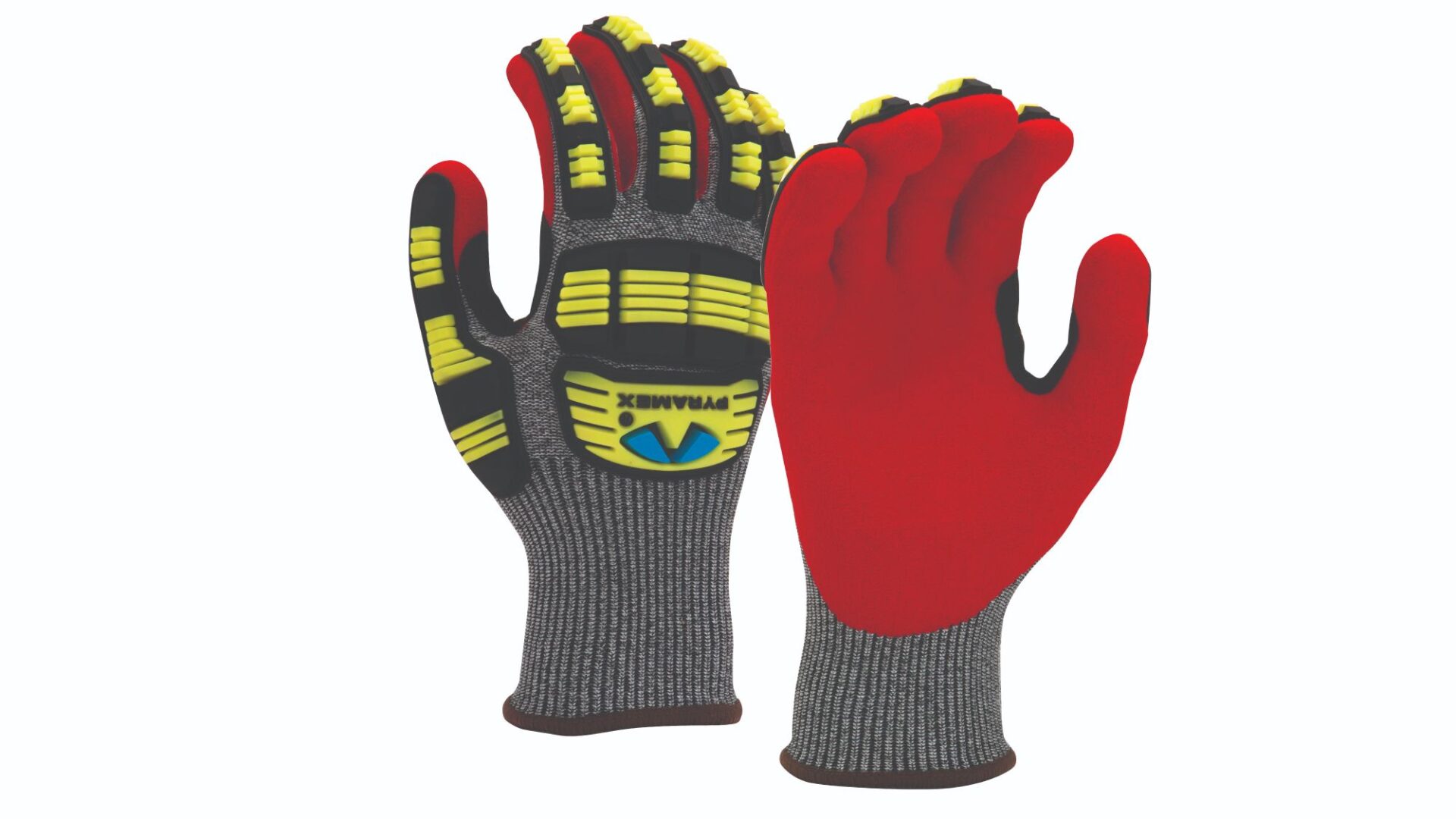 A Grey and Red Gloves Pair With Yellow and Black Details