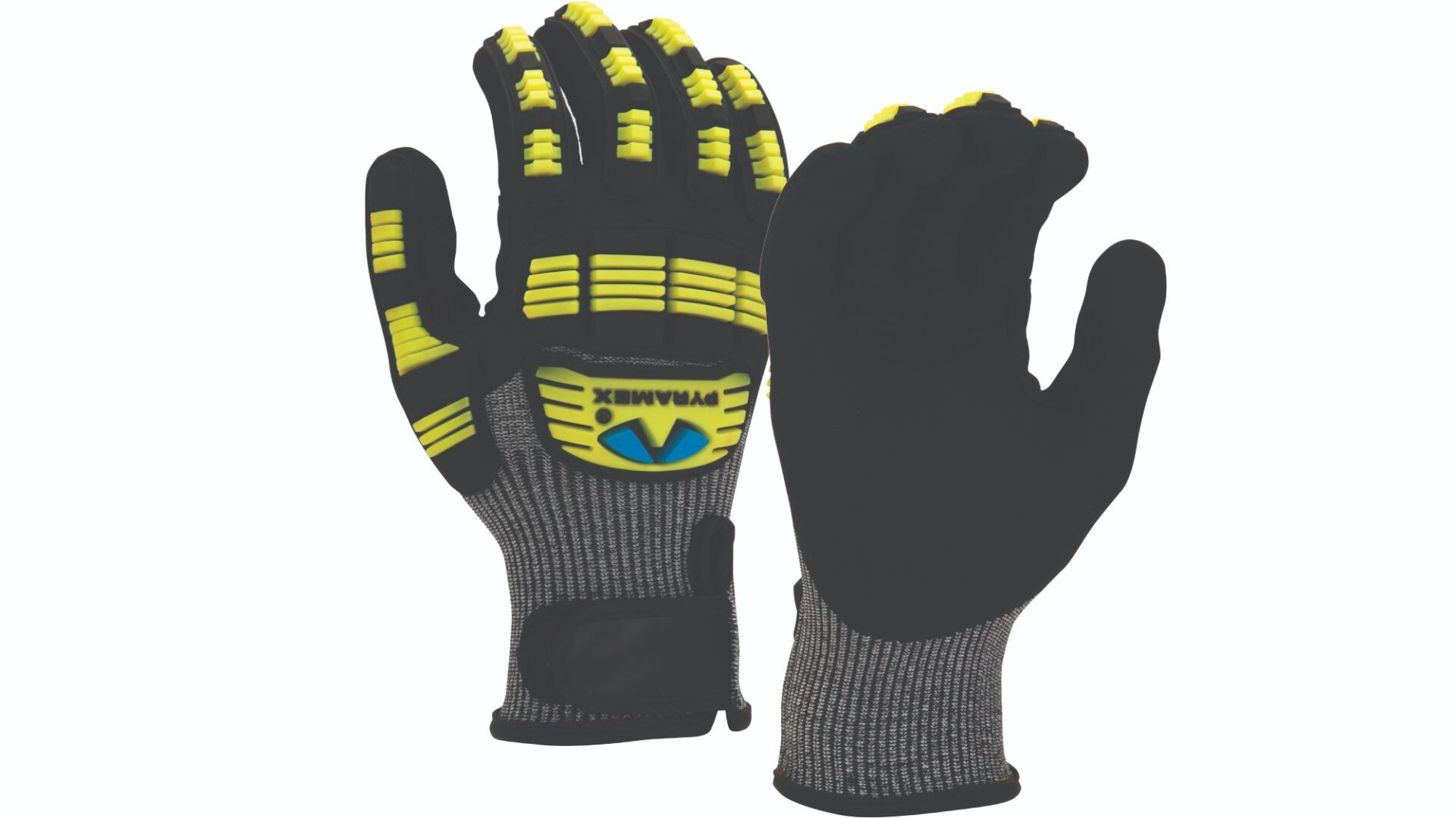 A Grey and Black Gloves Pair With Yellow and Black Details