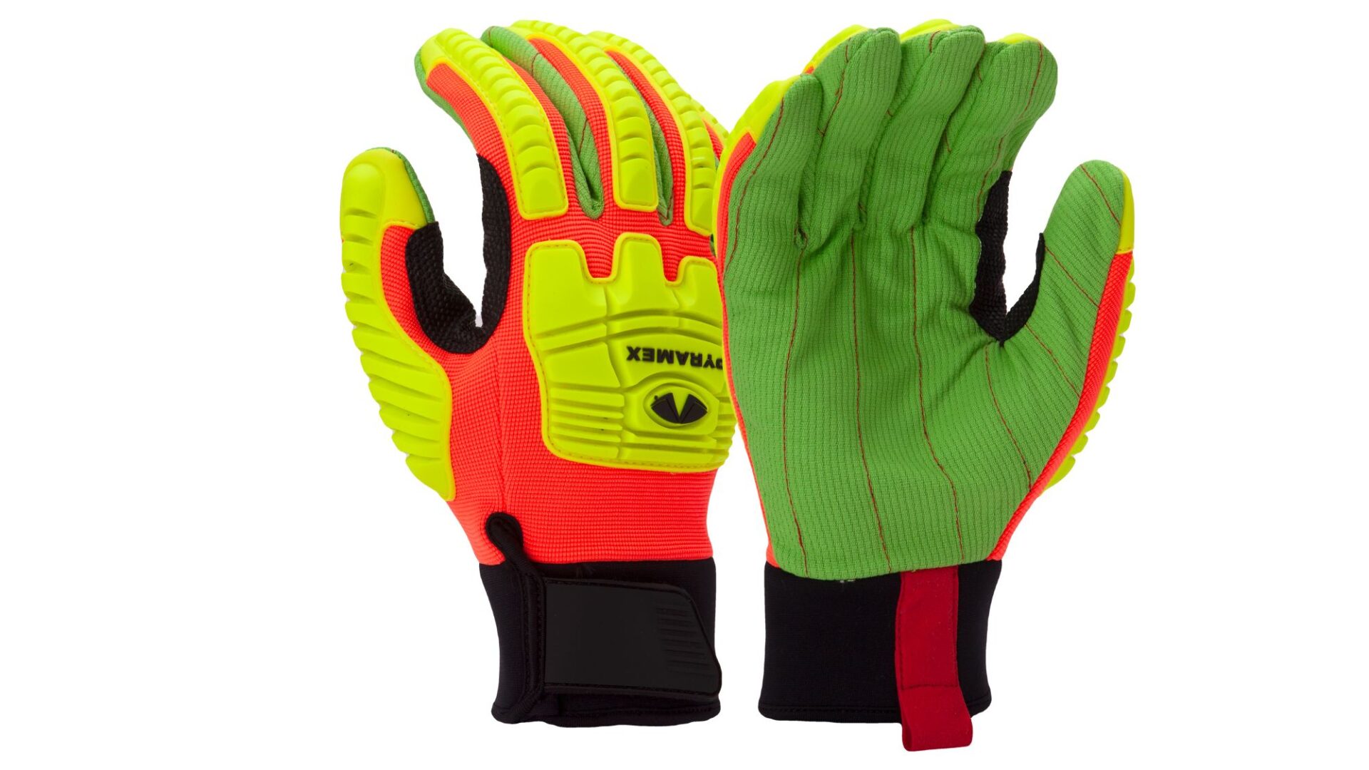 Green, Orange and Black Gloves With Yellow Padding